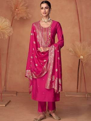 Floral Embroidered Zari Work Round Neck Straight Kurta With Trousers & Dupatta 1