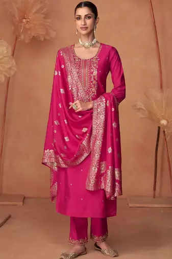 Floral Embroidered Zari Work Round Neck Straight Kurta With Trousers & Dupatta