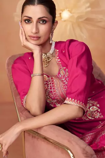 Floral Embroidered Zari Work Round Neck Straight Kurta With Trousers & Dupatta