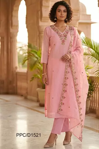 Beautiful pastel pink intricate floral embroidered kota doriya kurti pant suit set