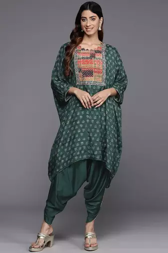 Embroidered Thread Work Pure Silk Fusion Kurta with Dhoti Pants