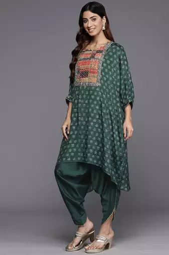 Embroidered Thread Work Pure Silk Fusion Kurta with Dhoti Pants