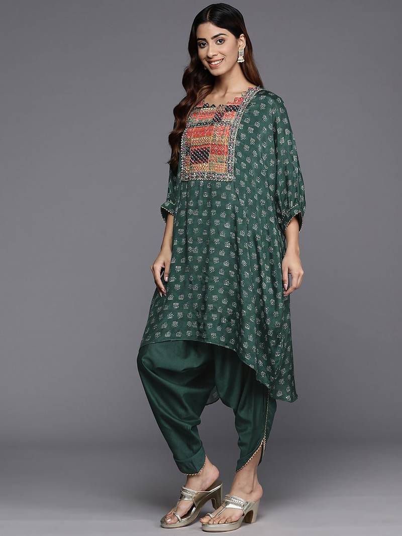 Embroidered Thread Work Pure Silk Fusion Kurta with Dhoti Pants