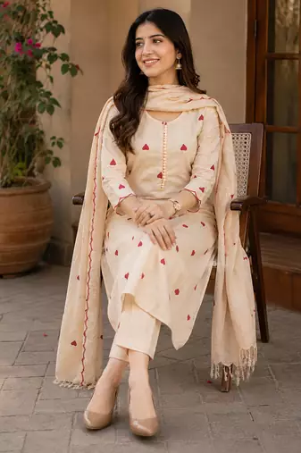 Beautiful black handwoven jamdani cotton straight kurta pant with tassel dupatta set