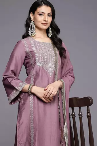 Floral Embroidered Sequinned Kurta With Palazzos & Dupatta