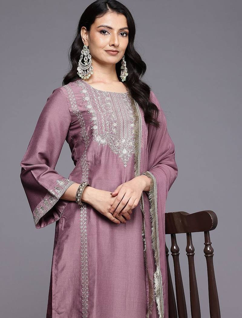 Floral Embroidered Sequinned Kurta With Palazzos & Dupatta