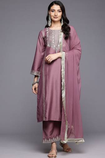 Floral Embroidered Sequinned Kurta With Palazzos & Dupatta