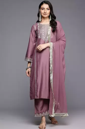 Floral Embroidered Sequinned Kurta With Palazzos & Dupatta