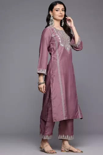 Floral Embroidered Sequinned Kurta With Palazzos & Dupatta
