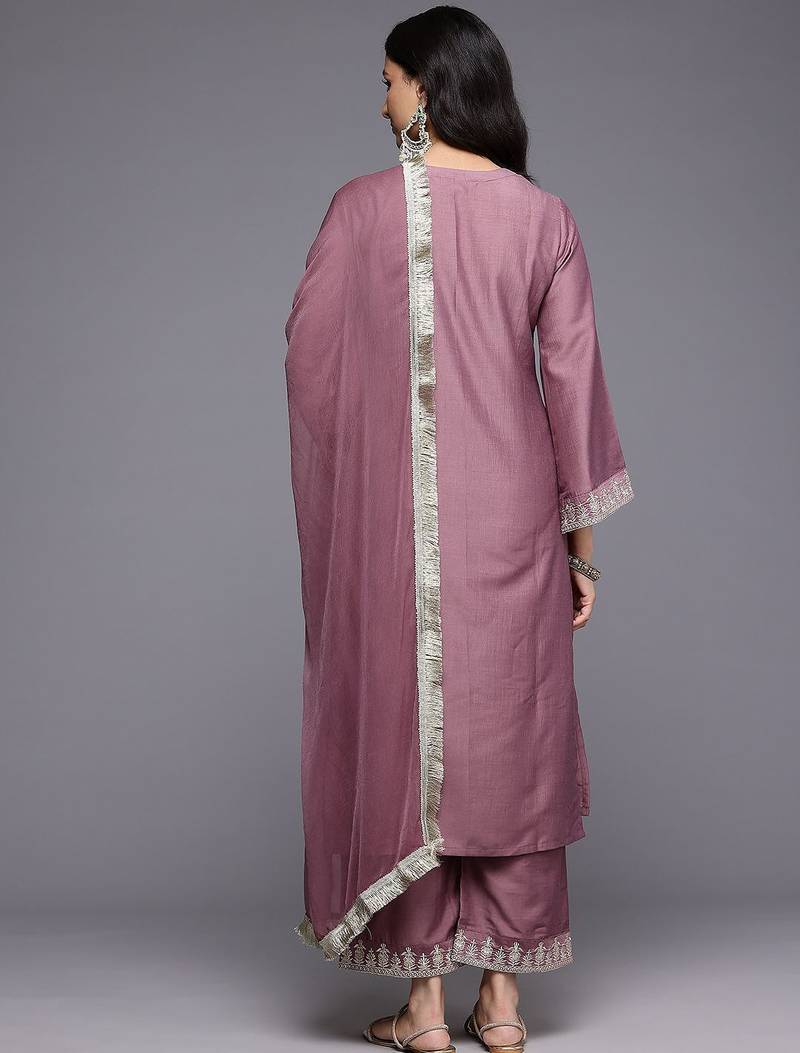 Floral Embroidered Sequinned Kurta With Palazzos & Dupatta