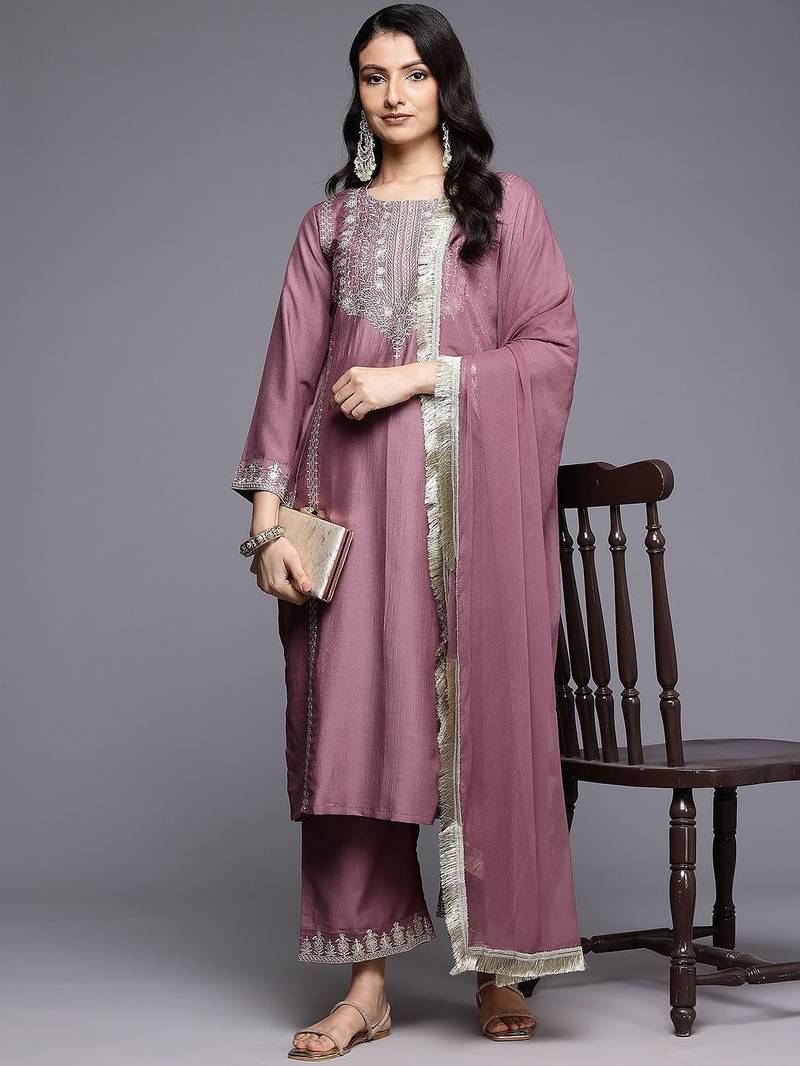 Floral Embroidered Sequinned Kurta With Palazzos & Dupatta