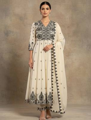 Women Ethnic Motifs Embroidered Empire Thread Work Pure Cotton Kurta with Trousers & With Dupatta 1