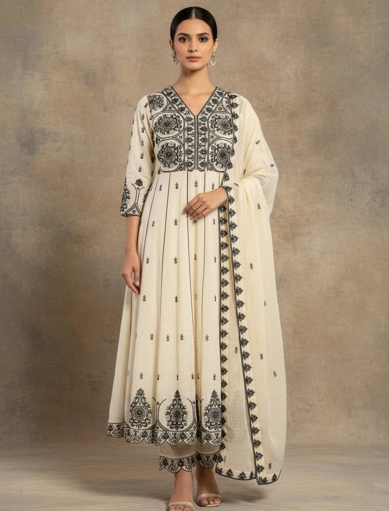 Women Ethnic Motifs Embroidered Empire Thread Work Pure Cotton Kurta with Trousers & With Dupatta