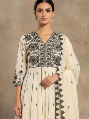 Women Ethnic Motifs Embroidered Empire Thread Work Pure Cotton Kurta with Trousers & With Dupatta 3