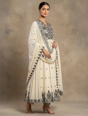 Women Ethnic Motifs Embroidered Empire Thread Work Pure Cotton Kurta with Trousers & With Dupatta 4