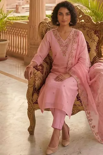 Beautiful pastel pink intricate floral embroidered kota doriya kurti pant suit set