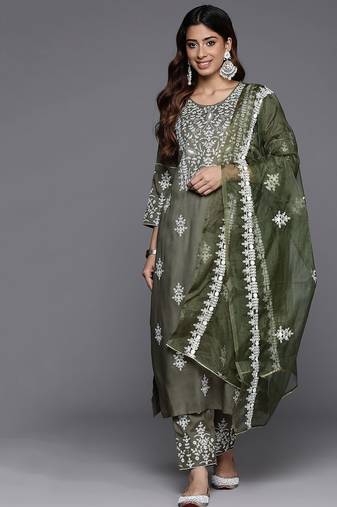 Ethnic Motif Thread Embroidered Kurta with Embroidered Trousers & Dupatta