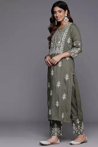 Ethnic Motif Thread Embroidered Kurta with Embroidered Trousers & Dupatta