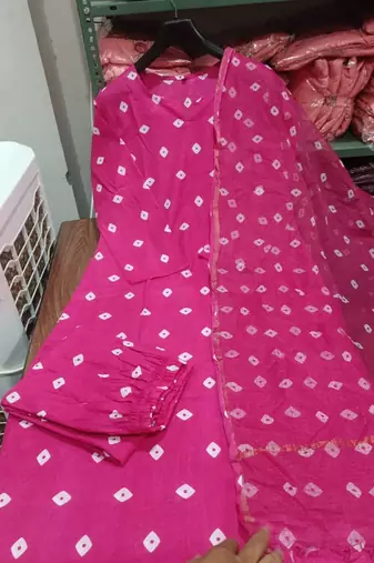 Beautiful rani pink bandhani print cotton straight kurta set