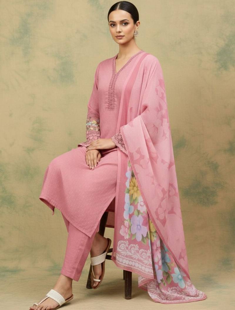 Women Floral Regular Thread Work Kurta with Trousers & With Dupatta