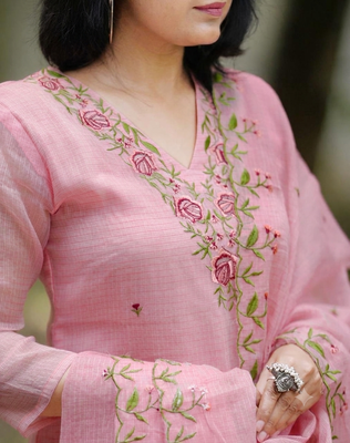 Beautiful pastel pink intricate floral embroidered kota doriya kurti pant suit set 4