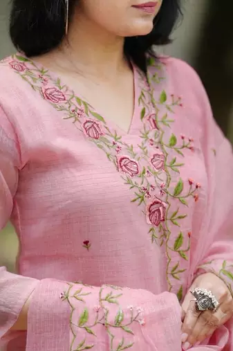 Beautiful pastel pink intricate floral embroidered kota doriya kurti pant suit set