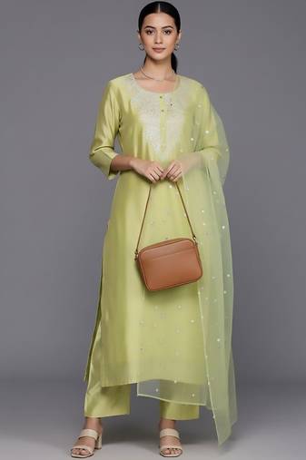 Women Ethnic Motifs Embroidered Regular Sequinned Chanderi Silk Kurta with Trousers & With Dupatta