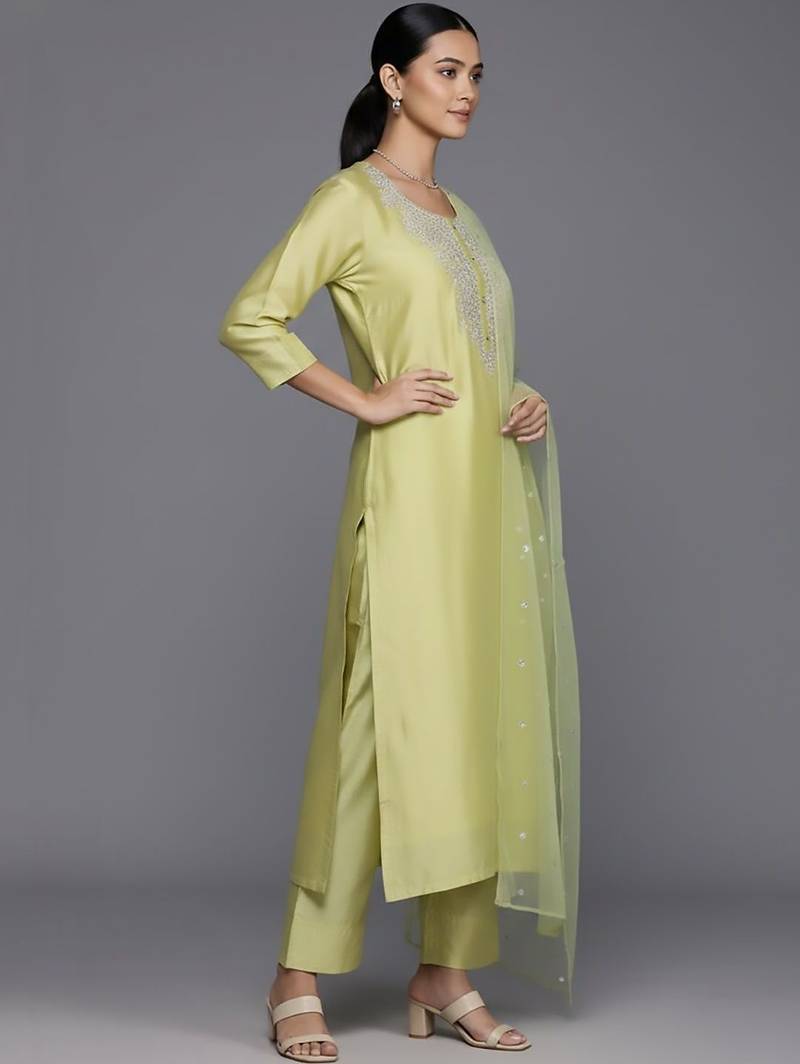 Women Ethnic Motifs Embroidered Regular Sequinned Chanderi Silk Kurta with Trousers & With Dupatta
