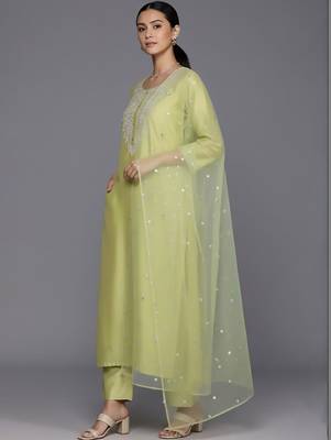 Women Ethnic Motifs Embroidered Regular Sequinned Chanderi Silk Kurta with Trousers & With Dupatta 4