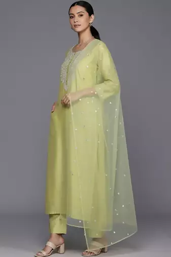 Women Ethnic Motifs Embroidered Regular Sequinned Chanderi Silk Kurta with Trousers & With Dupatta