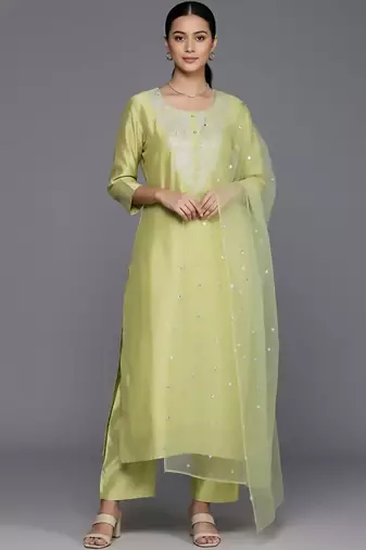 Women Ethnic Motifs Embroidered Regular Sequinned Chanderi Silk Kurta with Trousers & With Dupatta