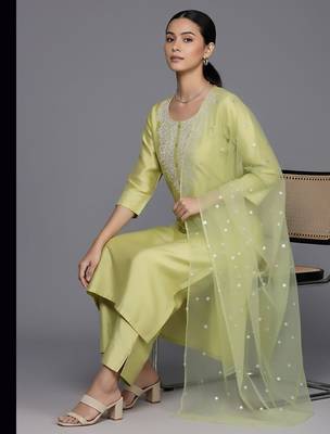 Women Ethnic Motifs Embroidered Regular Sequinned Chanderi Silk Kurta with Trousers & With Dupatta 6