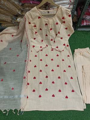 Beautiful black handwoven jamdani cotton straight kurta pant with tassel dupatta set 5