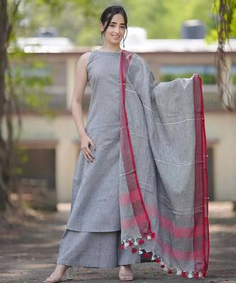 Beautiful grey solid woven handloom cotton halter-neck a-line kurti palazzo set with pure linen bordered dupatta 1