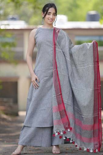 Beautiful grey solid woven handloom cotton halter-neck a-line kurti palazzo set with pure linen bordered dupatta