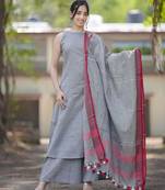 Beautiful grey solid woven handloom cotton halter-neck a-line kurti palazzo set with pure linen bordered dupatta