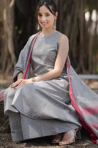 Beautiful grey solid woven handloom cotton halter-neck a-line kurti palazzo set with pure linen bordered dupatta