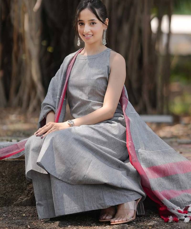 Beautiful grey solid woven handloom cotton halter-neck a-line kurti palazzo set with pure linen bordered dupatta
