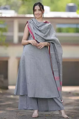 Beautiful grey solid woven handloom cotton halter-neck a-line kurti palazzo set with pure linen bordered dupatta