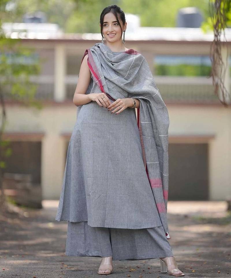 Beautiful grey solid woven handloom cotton halter-neck a-line kurti palazzo set with pure linen bordered dupatta