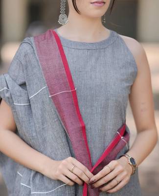 Beautiful grey solid woven handloom cotton halter-neck a-line kurti palazzo set with pure linen bordered dupatta 4