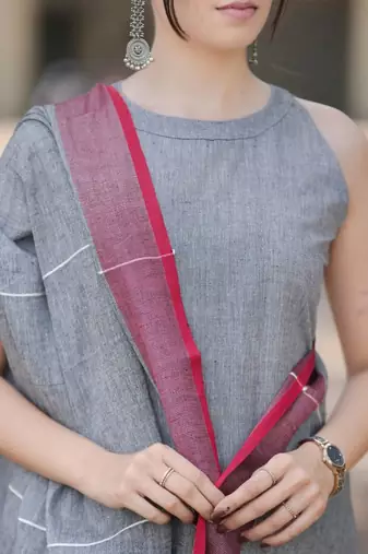 Beautiful grey solid woven handloom cotton halter-neck a-line kurti palazzo set with pure linen bordered dupatta