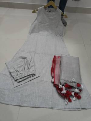 Beautiful grey solid woven handloom cotton halter-neck a-line kurti palazzo set with pure linen bordered dupatta 5