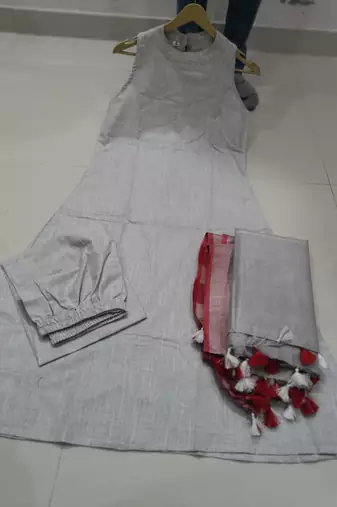 Beautiful grey solid woven handloom cotton halter-neck a-line kurti palazzo set with pure linen bordered dupatta