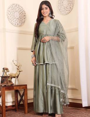 Women Angrakha Pure Silk Kurta with Sharara & With Dupatta 1