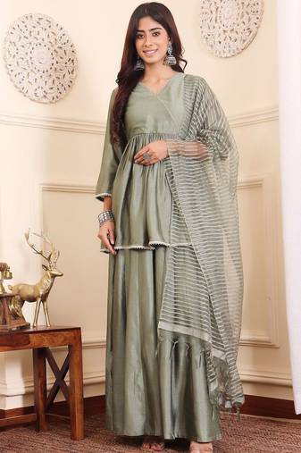 Women Angrakha Pure Silk Kurta with Sharara & With Dupatta