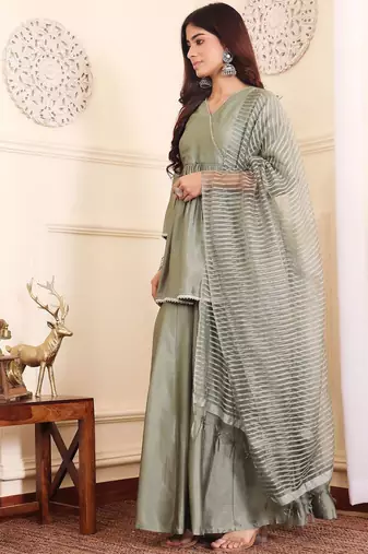 Women Angrakha Pure Silk Kurta with Sharara & With Dupatta