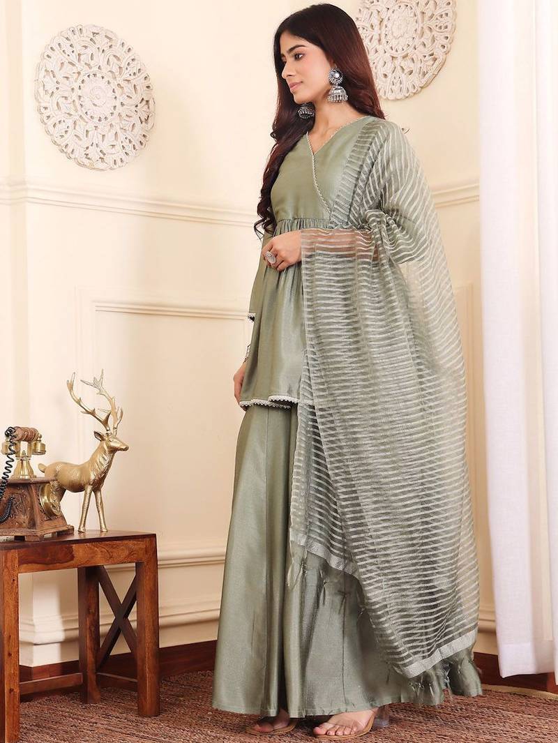 Women Angrakha Pure Silk Kurta with Sharara & With Dupatta