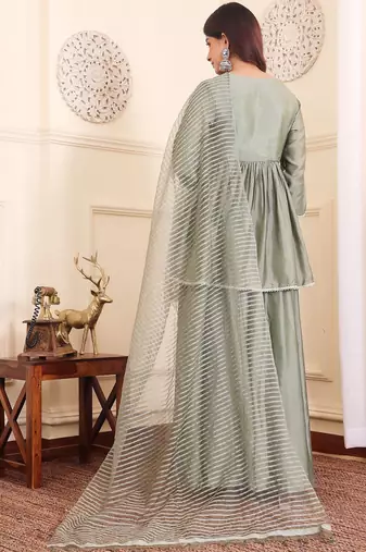 Women Angrakha Pure Silk Kurta with Sharara & With Dupatta