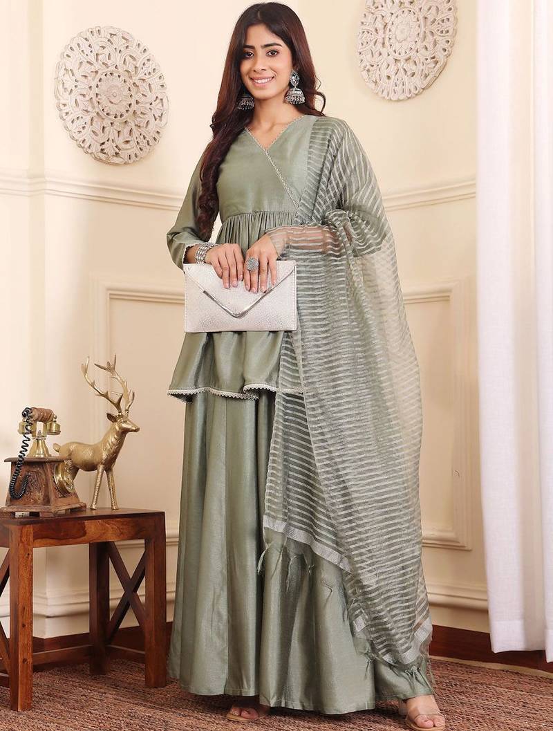Women Angrakha Pure Silk Kurta with Sharara & With Dupatta